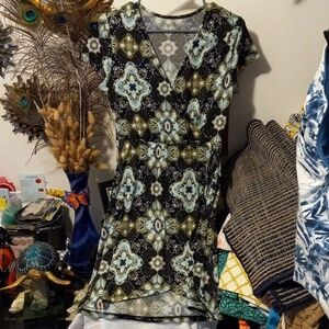 just be Black Mini Dress with Olive and Pale Blue Pattern